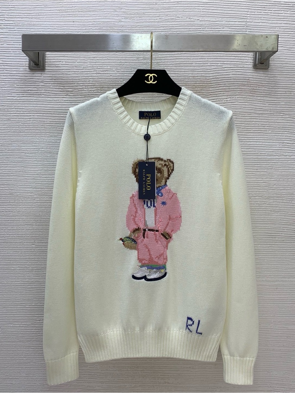 Polo by Ralph Lauren Cream Knit Crewneck with Pink Bear Motif